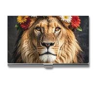 Eekstdbn Étui pour cartes de visite avec motif lion africain portant une fleur sur la tête - Pour homme ou femme - Fermeture par bouton-pression - Portable - Pour les réunions d'affaires