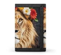 Eekstdbn Lion africain portant une fleur sur sa tête portefeuille à trois volets, porte-cartes et argent organiseur, mini sac à monnaie fin et élégant avec fermeture éclair poche pour pièces de