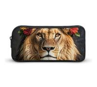 Eekstdbn Lion africain portant une fleur sur sa tête - Trousse à crayons de bureau - Organisateur de papeterie de bureau simple et robuste - Fermeture éclair - Portable - Sac à crayons multifonction
