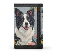 Eekstdbn Portefeuille à trois volets Border Collie Florals, porte-cartes et porte-monnaie fin et élégant avec poche zippée pour pièces de monnaie pour homme et femme