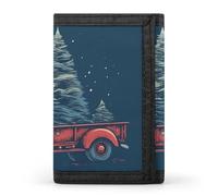 Eekstdbn Portefeuille à trois volets en forme de camion rouge avec arbre de Noël, porte-cartes et porte-monnaie mince et élégant avec poche zippée pour pièces de monnaie pour homme et femme