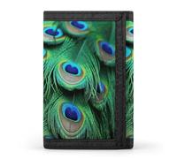 Eekstdbn Portefeuille à trois volets en plumes de paon vertes, porte-cartes et argent - Mini sac à monnaie fin et élégant avec fermeture éclair - Pour homme et femme