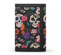 Eekstdbn Portefeuille à trois volets, porte-cartes et porte-monnaie avec fermeture éclair et poche à monnaie pour homme et femme Motif crâne floral Jour des morts