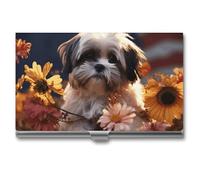 Eekstdbn Shih Tzu Étui pour cartes de visite avec motif chien et fleurs pour homme ou femme avec boutons-pression