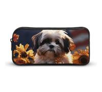 Eekstdbn Shih Tzu Trousse à crayons avec motif chien et fleurs - Organiseur de papeterie de bureau simple et robuste - Fermeture éclair - Portable - Sac multifonction pour le bureau et les voyages