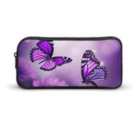 Eekstdbn Trousse à crayons avec fleurs violettes et papillons - Organiseur de papeterie de bureau simple et robuste - Fermeture éclair - Portable - Sac multifonction pour le bureau et les voyages