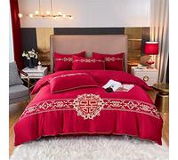 Eembroidy Cotton Red Wedding Liberding Set Satin Silky Coup de Couvre-Couvercle Couvre d'oreiller en draps ajusté (Couleur: Une Taille: Roi (A King 220x240cm 4pcs)