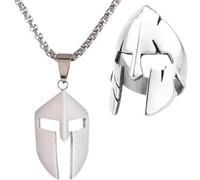EENSYWEENSY Ensemble collier et bague en acier inoxydable avec pendentif en forme de casque de guerrier spartiate, bague de masque de chevalier grec antique, cadeau pour homme, Acier inoxydable, Pas