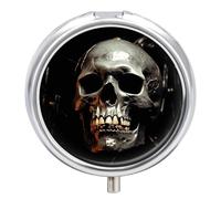 Eerie Boîte à pilules effrayante en forme de tête de mort 3 compartiments pour voyage 3 x par jour Organiseur de vitamines portable avec miroir Petit pilulier pour sac à main et poche Joli récipient à