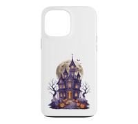 Eerie Halloween Mansion Spire Horloge Chauve-Souris Lune Coque pour iPhone 13 Pro Max
