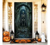 Eerie Squelette gothique Arc Halloween Couvre porte 91,4 x 182,9 cm | Scène d'arche gothique en pierre, bannière de porche, figurine squelettique étrange, atmosphère mystérieuse sombre
