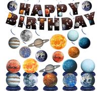 Eersida Lot de 21 décorations d'anniversaire sur le thème de l'espace avec bannière « Happy Birthday » pré-assemblée, système solaire, tourbillons à suspendre, planète, nid d'abeille, pièce maîtresse