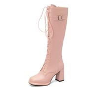 Eestfy Bottes à Lacets Femme Genou Simili Cuir avec Boucle Latérale Talon Bloc Épais Semelle Plateforme Chaussures Rétro Élégantes pour Rue Quotidienne,Rose,43 EU