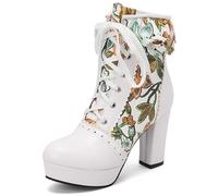 Eestfy Bottes Cheville Femme Florale Plateforme Talon Épais Laçage Dentelé Courtes Bottes avec Imprimé Multicolore pour Fête & Sortie Soirée Large Taille,Vert,48 EU