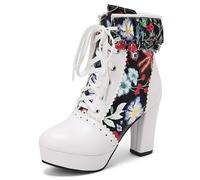 Eestfy Bottes Cheville Femme Florale Plateforme Talon Épais Laçage Dentelé Courtes Bottes avec Imprimé Multicolore pour Fête & Sortie Soirée Large Taille,Noir,40 EU