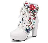 Eestfy Bottes Cheville Femme Florale Plateforme Talon Épais Laçage Dentelé Courtes Bottes avec Imprimé Multicolore pour Fête & Sortie Soirée Large Taille,Bleu,48 EU