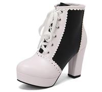 Eestfy Bottes Cheville Femme Talon Épais Haut Plateforme À Lacets Bottines Courtes avec Bordure Dentelée pour Sortie Décontractée Et Tenue De Rue Taille Large,Noir,45 EU