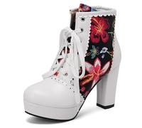 Eestfy Bottes Cheville Florales Femme Talon Épais Plateforme À Lacets Bottines Courtes Montantes pour Sortie Décontractée Et Tenue De Rue Taille Large,Noir,45 EU