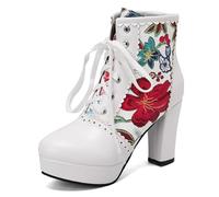 Eestfy Bottes Cheville Florales Femme Talon Épais Plateforme À Lacets Bottines Courtes Montantes pour Sortie Décontractée Et Tenue De Rue Taille Large,Rouge,43 EU