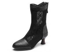 Eestfy Bottes d'été en Mesh Femme mi-Mollet Dentelle Bout Rond Talon Bloc Bottes de Mode Respirantes Chaussures décontractées légères pour Temps Chaud et Voyage,Noir,36 EU