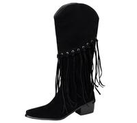 Eestfy Bottes Femme Bohème Western Suède Franges Mi Mollet Bout Pointu Talon Bloc Mode Voyage Week End,Noir,48 EU