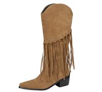 Eestfy Bottes Femme Bohème Western Suède Franges Mi Mollet Bout Pointu Talon Bloc Mode Voyage Week End,Kaki,44 EU