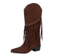 Eestfy Bottes Femme Bohème Western Suède Franges Mi Mollet Bout Pointu Talon Bloc Mode Voyage Week End,Marron,34 EU