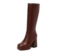 Eestfy Bottes Femme en Similicuir À Plateforme Jusqu'au Genou Talon Épais Doublées Chaudes pour Soirée Et Mode Urbaine Hivernale,Marron,47 EU