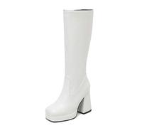 Eestfy Bottes Femme en Similicuir À Plateforme Jusqu'au Genou Talon Épais Doublées Chaudes pour Soirée Et Mode Urbaine Hivernale,Blanc,47 EU