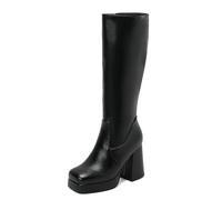 Eestfy Bottes Femme en Similicuir À Plateforme Jusqu'au Genou Talon Épais Doublées Chaudes pour Soirée Et Mode Urbaine Hivernale,Noir,47 EU