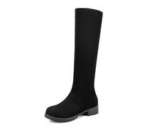 Eestfy Bottes Genou Femme Suède Talon Block Bas Bout Rond Fermeture Éclair Latérale Bottes Équitation pour Hiver Tenue Rue & Cocktail Party Doublure Fausse Fourrure,Noir,35 EU
