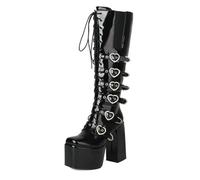 Eestfy Bottes Gothiques Plateforme Genou Haut Cuir Verni Lacets Boucles Coeur Talon Épais pour Cosplay Concerts Club Et Mode Urbaine,Black Patent,46 EU
