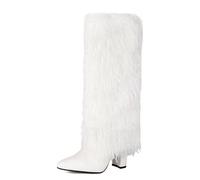 Eestfy Bottes Haute Genou en Fausse Fourrure Bout Pointu Talon Aiguille Bottes Style Mode pour Hiver Automne Fête Sortie Nuit Quotidien Bureau Soirée Voyage,Blanc,44 EU