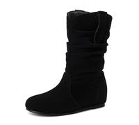 Eestfy Bottes Hiver Femme Mi Mollet Plissé Cuir Synthétique Plate avec Rehausse Cachée 4cm pour Voyages Tenues Quotidiennes Automne Hiver,Black Suede,47 EU