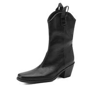 Eestfy Bottes Mi Mollet en Cuir Bout Carré Talon Large avec Tirants Inspiration Western Tenues Décontractées Rue,Noir,43 EU