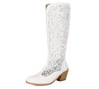 Eestfy Bottes Mi-Mollet Vintage en Dentelle Talon Bloc Zip Arrière Bout Rond Style Rétro Bottes Habillées pour Fête Et Événement Formel,Blanc,36 EU