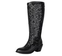 Eestfy Bottes Mi-Mollet Vintage en Dentelle Talon Bloc Zip Arrière Bout Rond Style Rétro Bottes Habillées pour Fête Et Événement Formel,Noir,36 EU