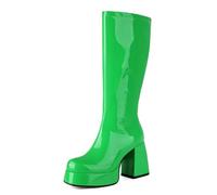 Eestfy Bottes Plateforme Femmes Retro Cuir Verni Genou Talon Bloc Zip Cote 70s Style Vintage Mode Quotidien Confort,Vert,46 EU