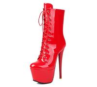 Eestfy Bottes Robe à Plateforme en Cuir Verni Femme Lacets Bottes Courtes Cheville à Talons Hauts Aiguille avec Fermeture Latérale pour Défilé de Mode et Tenue de Club,Patent Red,45 EU