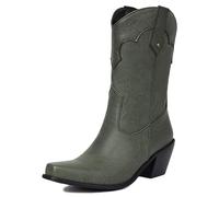 Eestfy Bottes Style Western pour Femme Mi-Mollet Talon Épais Bout Carré Design Simple Bottes Cowboy pour Sortie Décontractée Et Tenue De Rue Taille Large,Vert,35 EU
