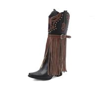 Eestfy Bottes Western Cowboy à Franges Daim Accents en Cuir Détails Cloutés Talon Large Hauteur Genou pour Activités Extérieures Voyage Marche en Ville Quotidien,Noir,46 EU