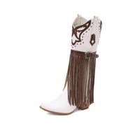 Eestfy Bottes Western Cowboy à Franges Daim Accents en Cuir Détails Cloutés Talon Large Hauteur Genou pour Activités Extérieures Voyage Marche en Ville Quotidien,Blanc,47 EU