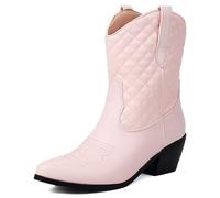 Eestfy Bottes Western Cowgirl Femme Mollet Large Talon Bloc Bout Rond Motif Matelassé Bottes À Enfiler À La Mode pour Port Décontracté Et Sorties dans La Rue,Rose,43 EU