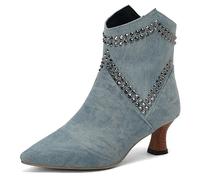 Eestfy Bottines Cloutées Femme à Bout Pointu Talon Kitten Bottes Courtes avec Fermeture Éclair Arrière pour Automne et Réception de Soirée Cuir PU Durable,Bleu,47 EU