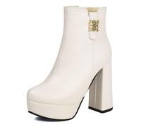 Eestfy Bottines de Cheville de Mode à Talon Épais Ornement Métallique Bout Rond Plateforme Hauts Talons Chaussures d'Affirmation pour Style de Rue et Événements du Soir,Blanc,34 EU