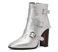 Eestfy Bottines en Cuir Verni Femme Triple Boucle Bretelle Bout Pointu Talon Bloc Massif Bottes Courtes pour Soirée et Réception Cocktail,Argent,34 EU