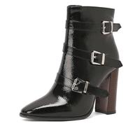 Eestfy Bottines en Cuir Verni Femme Triple Boucle Bretelle Bout Pointu Talon Bloc Massif Bottes Courtes pour Soirée et Réception Cocktail,Noir,38 EU