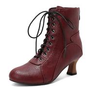 Eestfy Bottines Femme Bottines Courtes À Talon Bloc À Lacets avec Doublure Polaire Chaude pour Mariage Quotidien Et Streetwear Automne-Hiver,Burgundy,34 EU