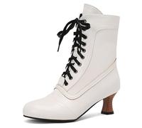Eestfy Bottines Victoriennes Mi-Mollet Femme à Lacets Bout Rond Talon Kitten Bottes Courtes à Fermeture Éclair Latérale pour Automne et Réception de Soirée,Blanc,47 EU