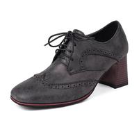 Eestfy Chaussures Brogues À Talon Haut À Bloc Wingtip pour Femmes Vintage À Lacets Oxford À Bout Carré pour Bureau Et Style De Rue Microfibre,Noir,35 EU